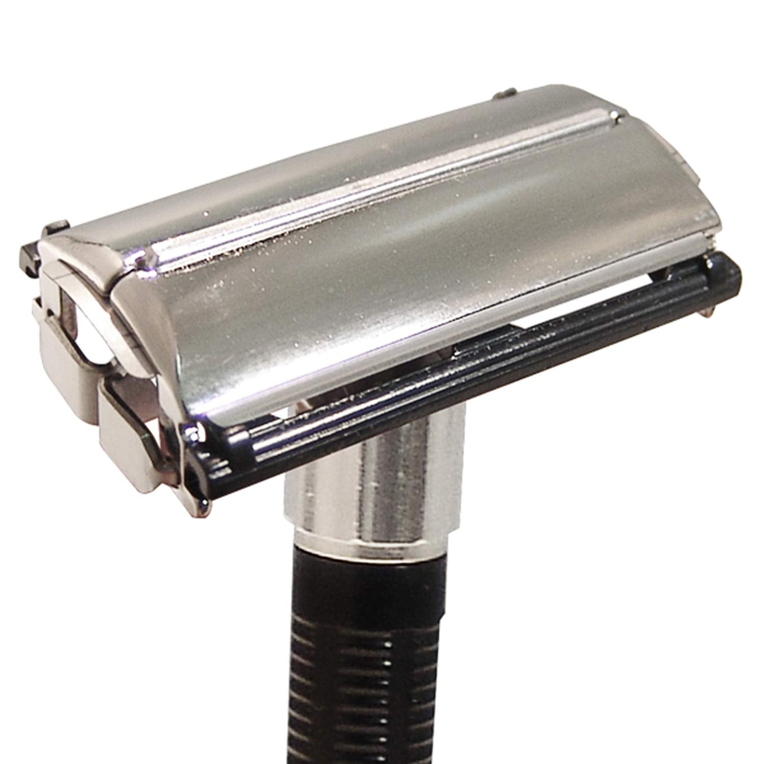 Feather handle closeup textured grip offering secure hold during wet shaves