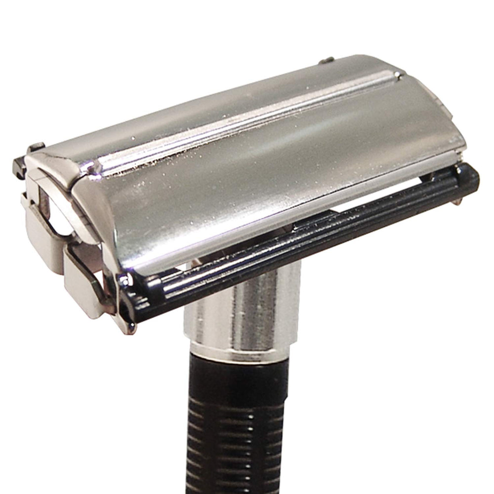 Feather handle closeup textured grip offering secure hold during wet shaves