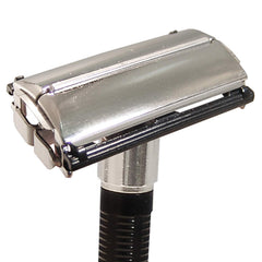 Feather handle closeup textured grip offering secure hold during wet shaves