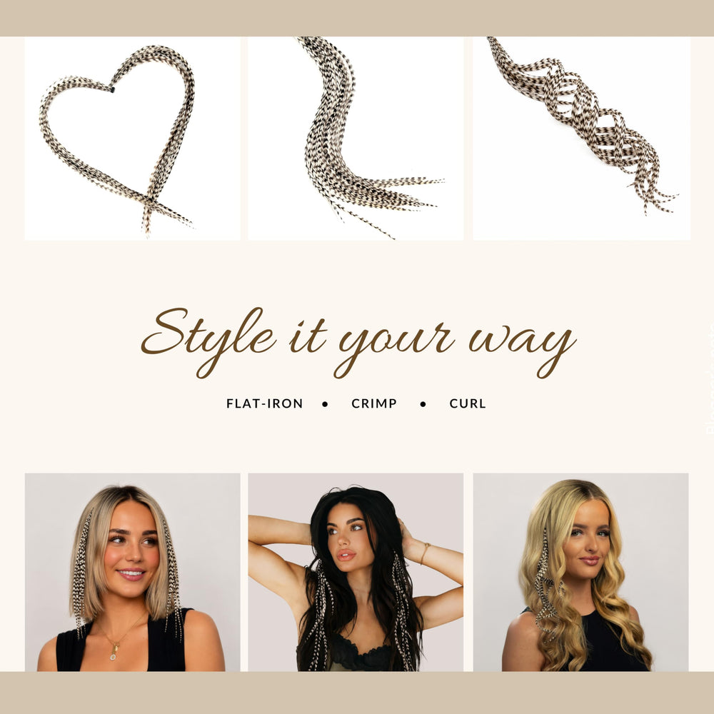 Feather Headz feathers side-by-side showing 9" to 14" lengths for visible size comparison