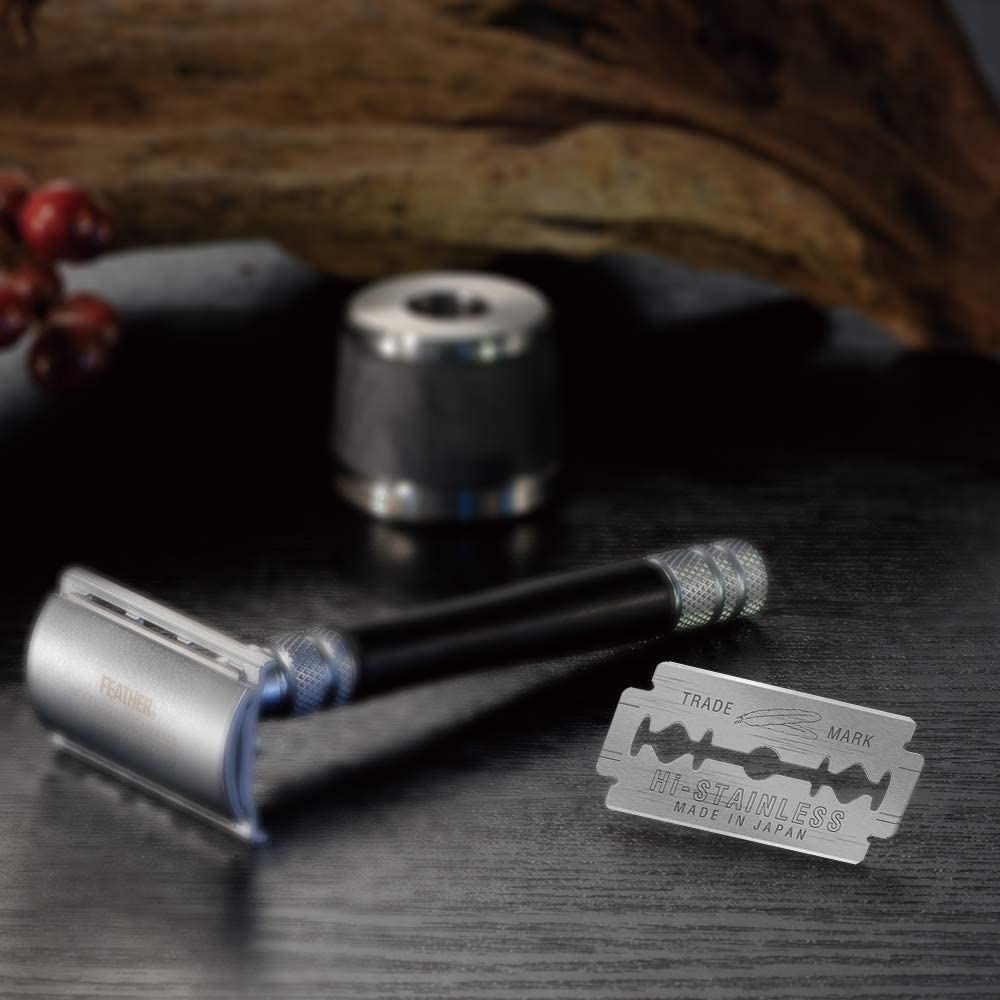 Feather lifestyle bathroom setup suggesting reliable daily shaving