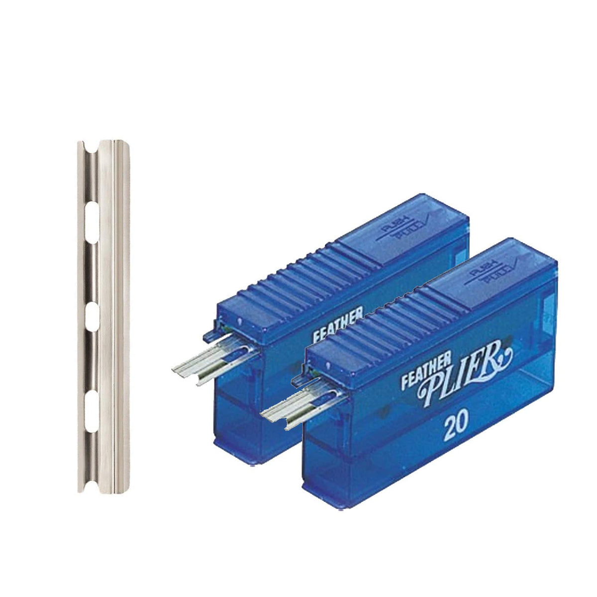 Feather front packaging showing 2 cartridges and 40 blades, professional supply benefit
