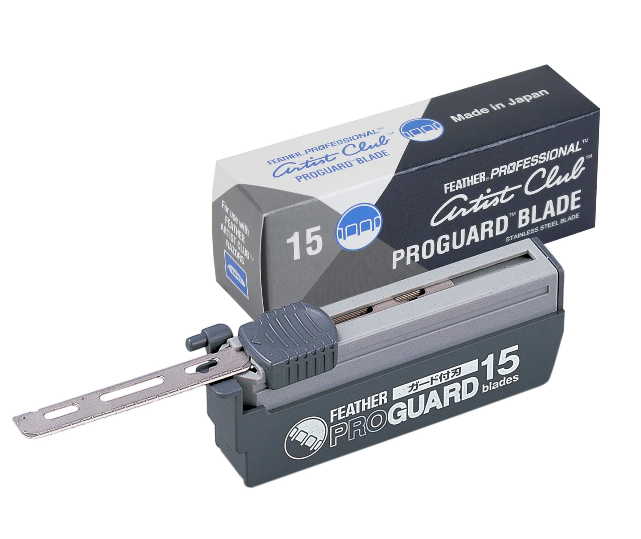 Feather ProGuard front packaging showing cartridge and 15 blades for organized storage