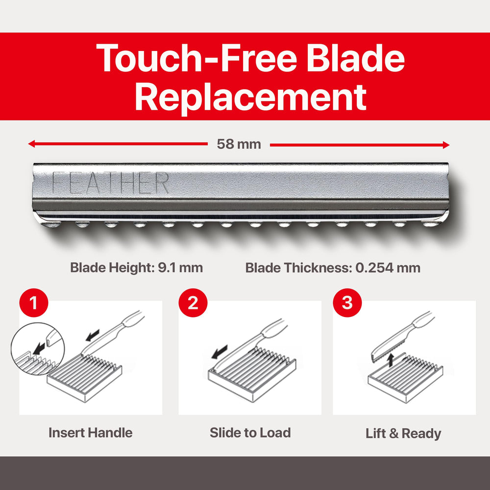 Feather styling razor with blade installed demonstrating safe controlled cutting