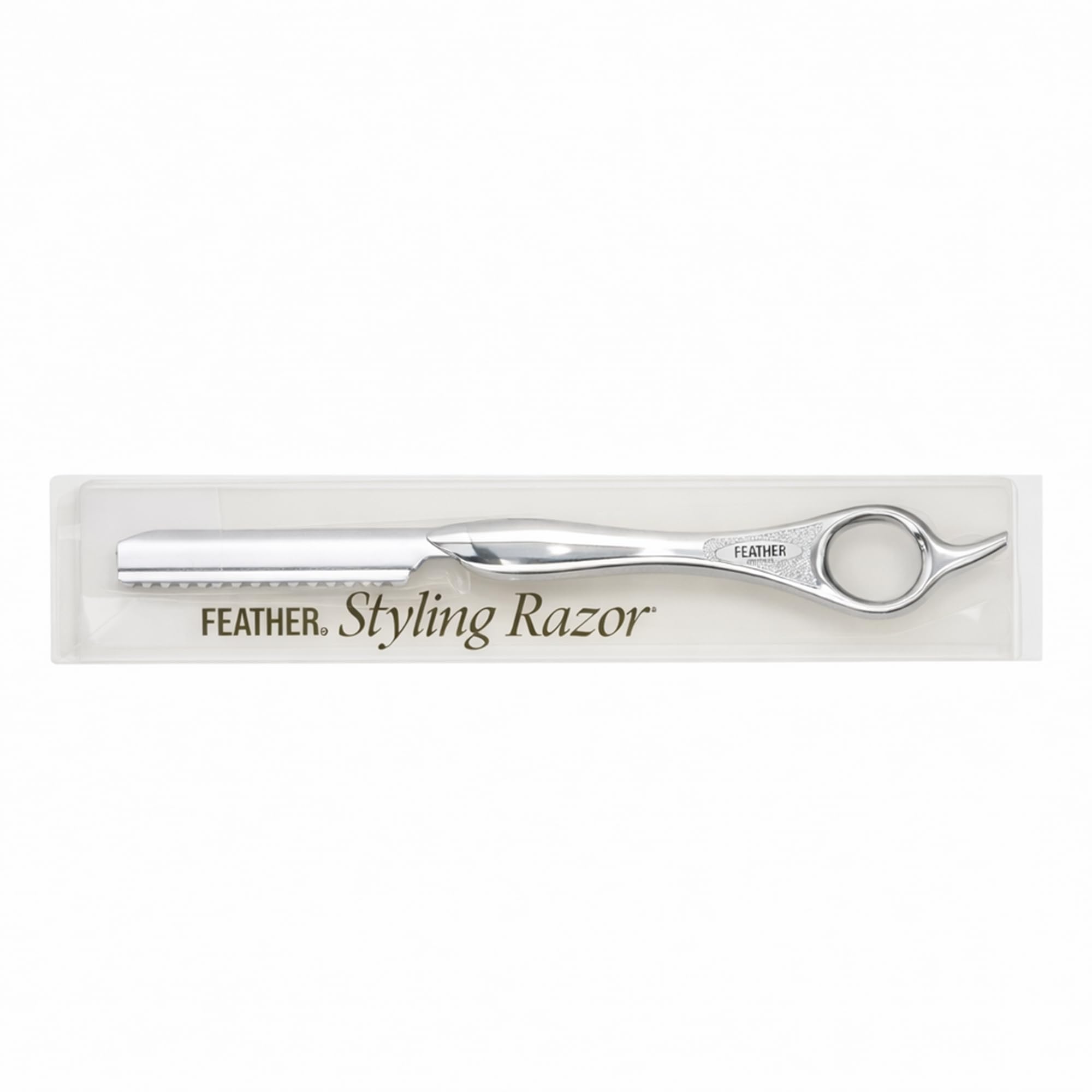 Feather silver handle front view showing sleek professional design and balance