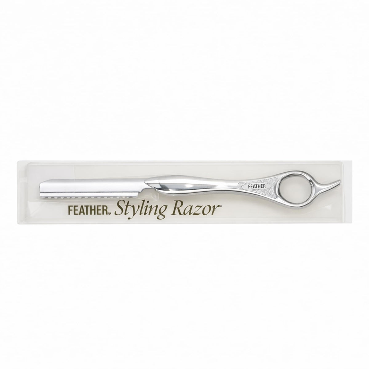 Feather silver handle front view showing sleek professional design and balance