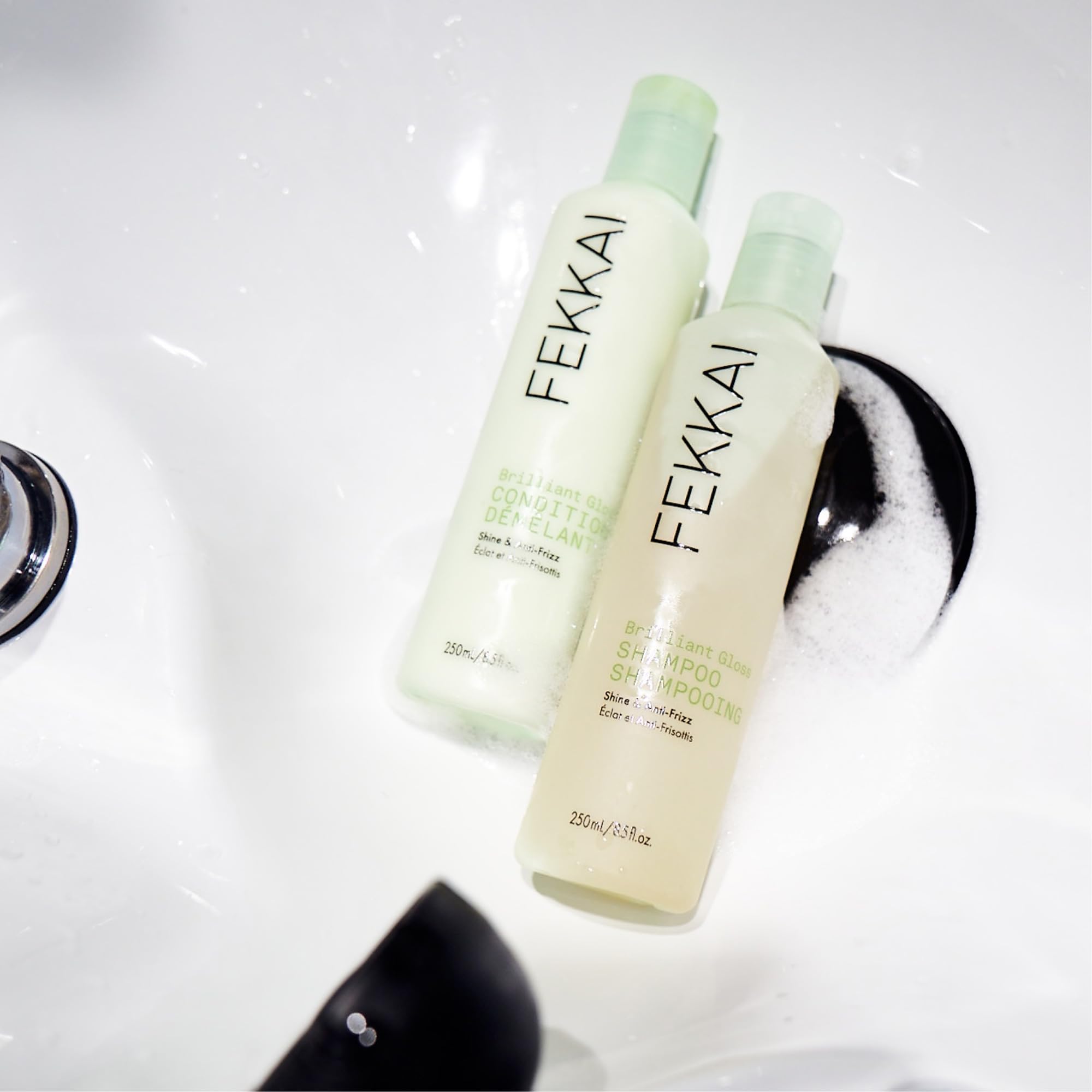 Lathered Fekkai shampoo foam demonstrating gentle cleansing and slip