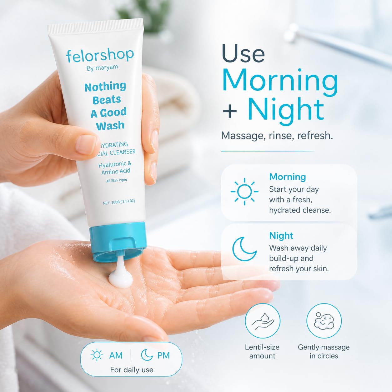 Felor shop woman applying cleanser in morning routine for refreshed skin
