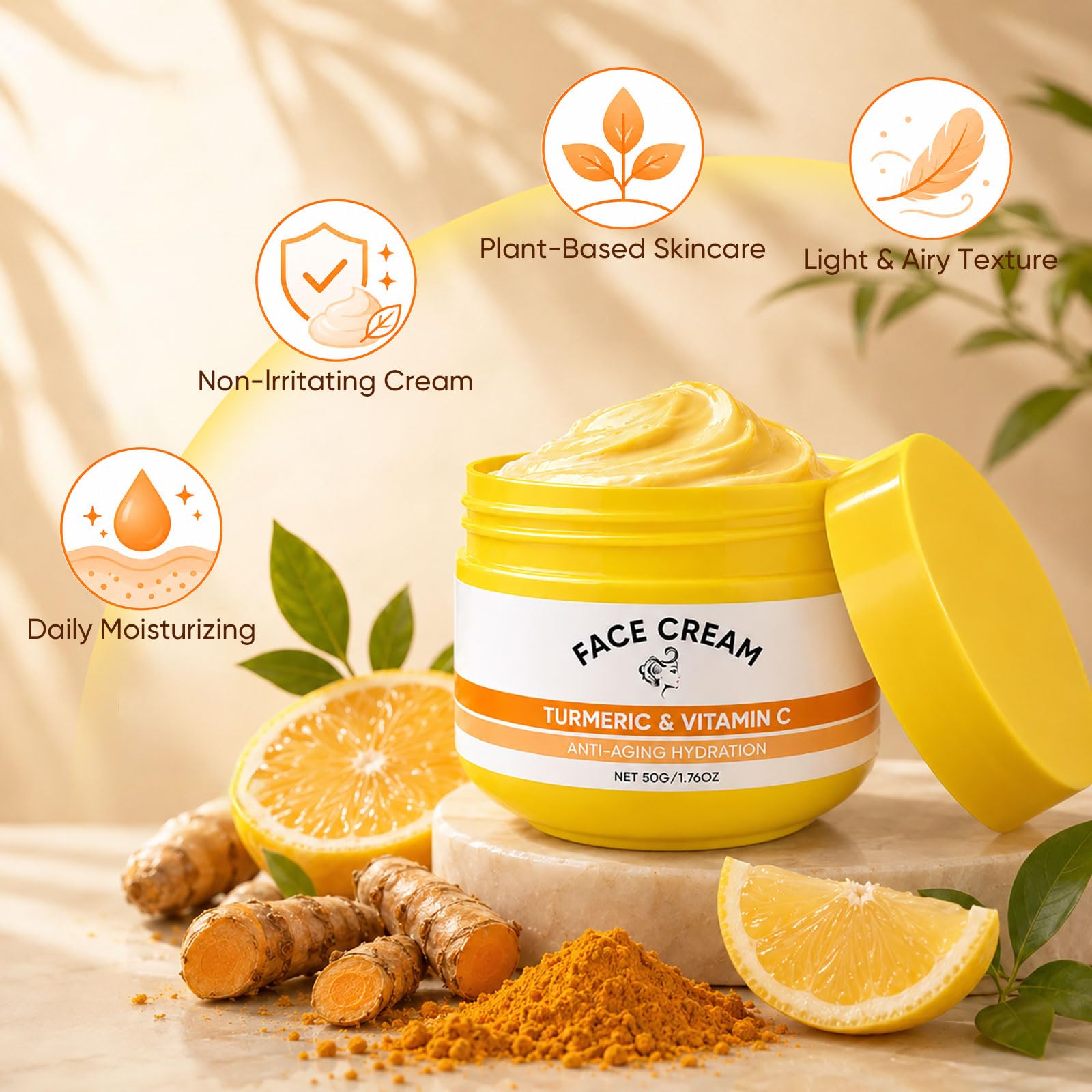 femani turmeric face cream jar open showing creamy fast-absorbing texture