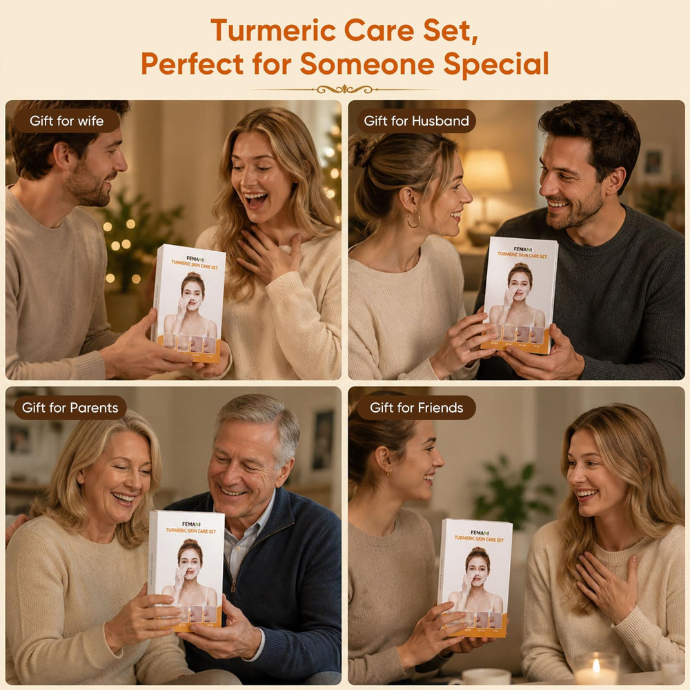 femani turmeric products staged in bathroom for everyday skincare routine