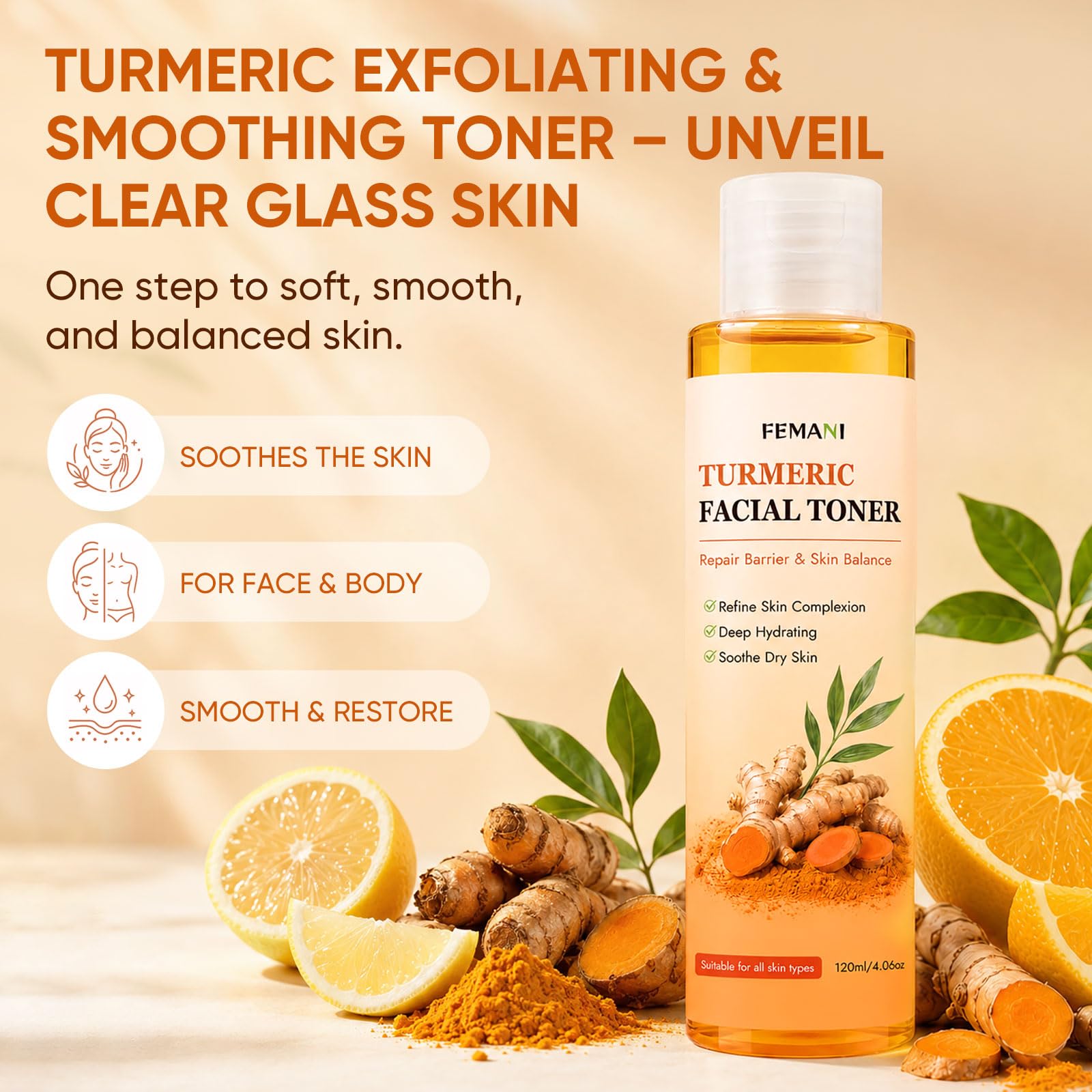 femani turmeric smoothing toner bottle highlighting lightweight formula
