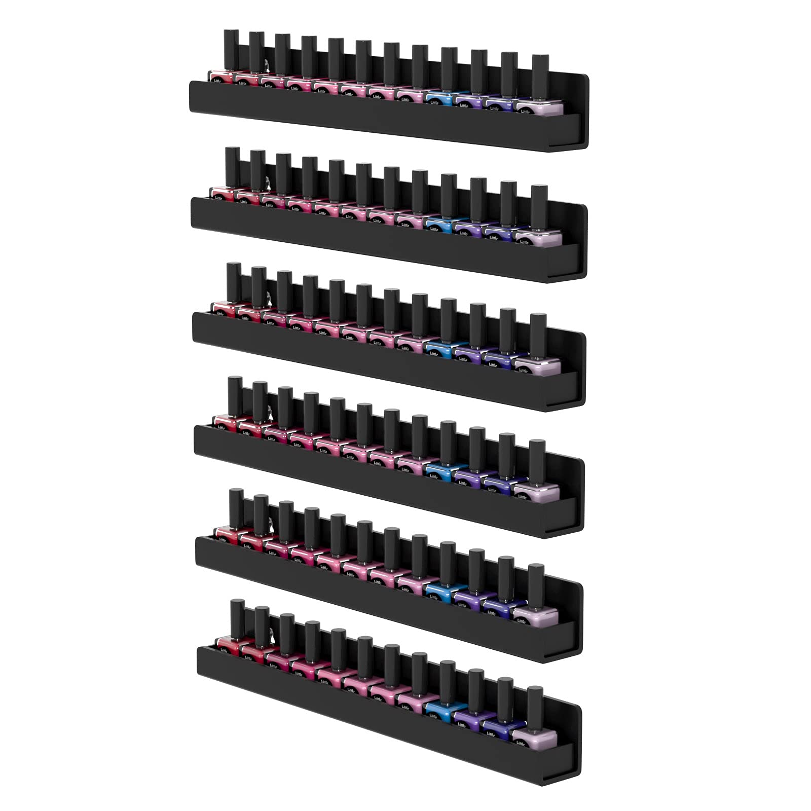 FEMELI front view of black acrylic rack showing organized polishes and visibility benefit