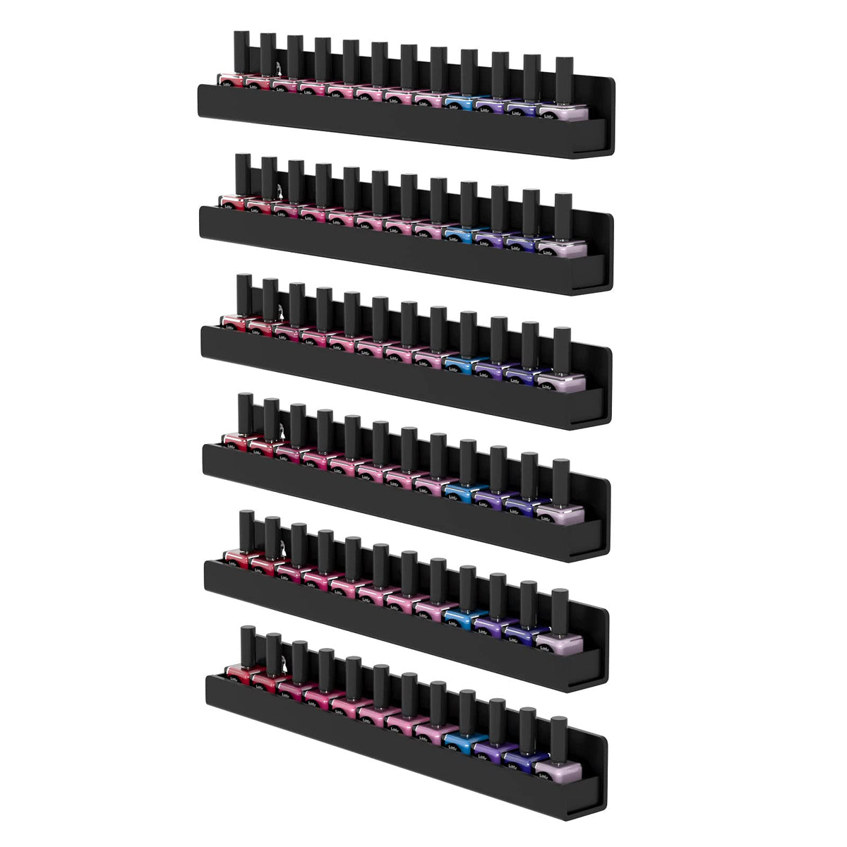 FEMELI front view of black acrylic rack showing organized polishes and visibility benefit
