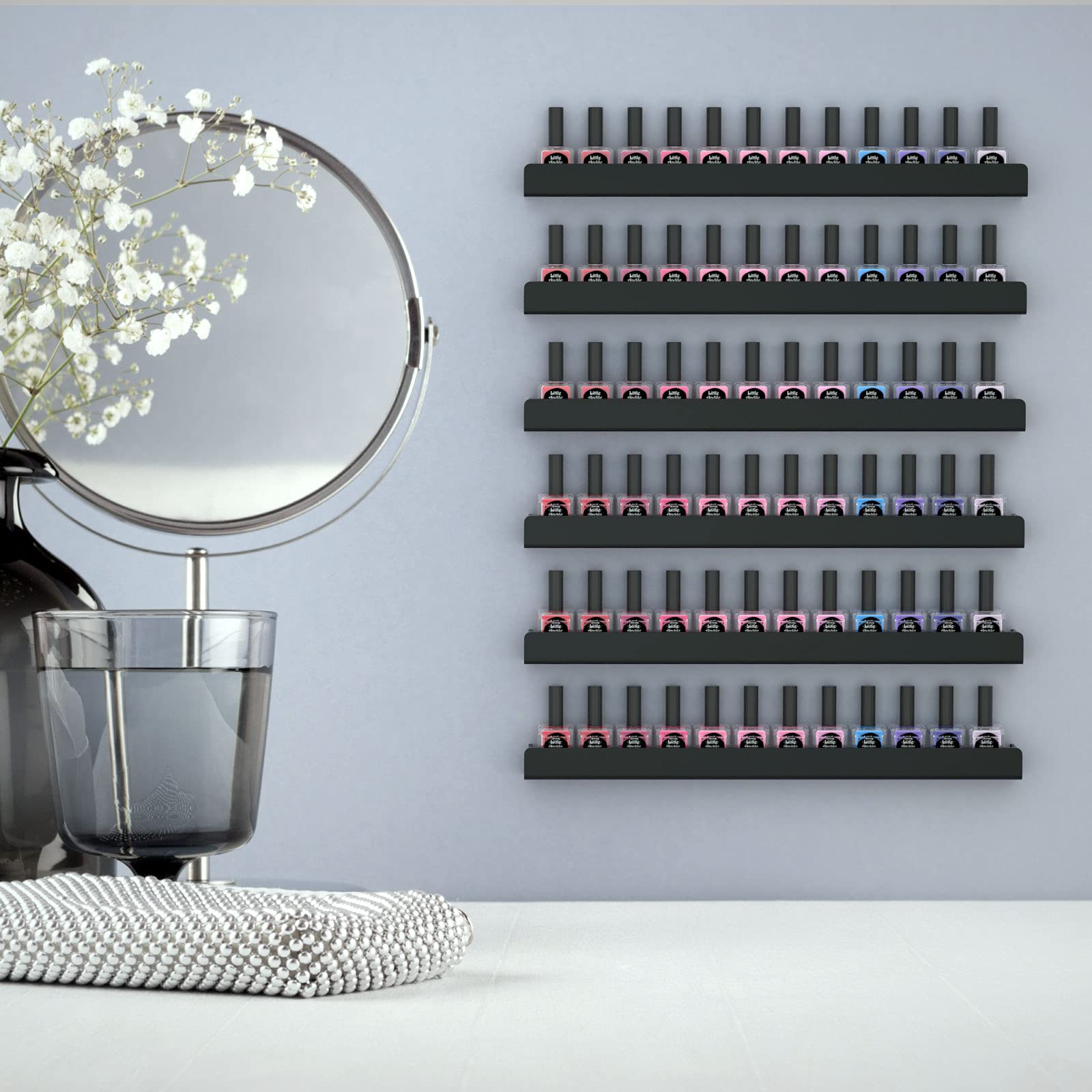 FEMELI mounted in bathroom displaying polishes and saving counter space benefit