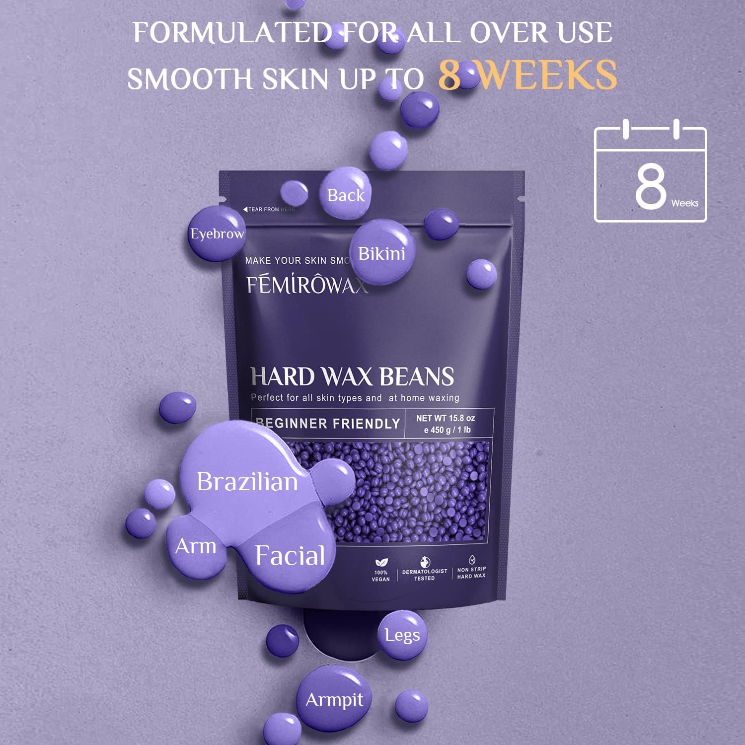 FEMIROWAX beads beside a ruler showing 1lb scale and refill value