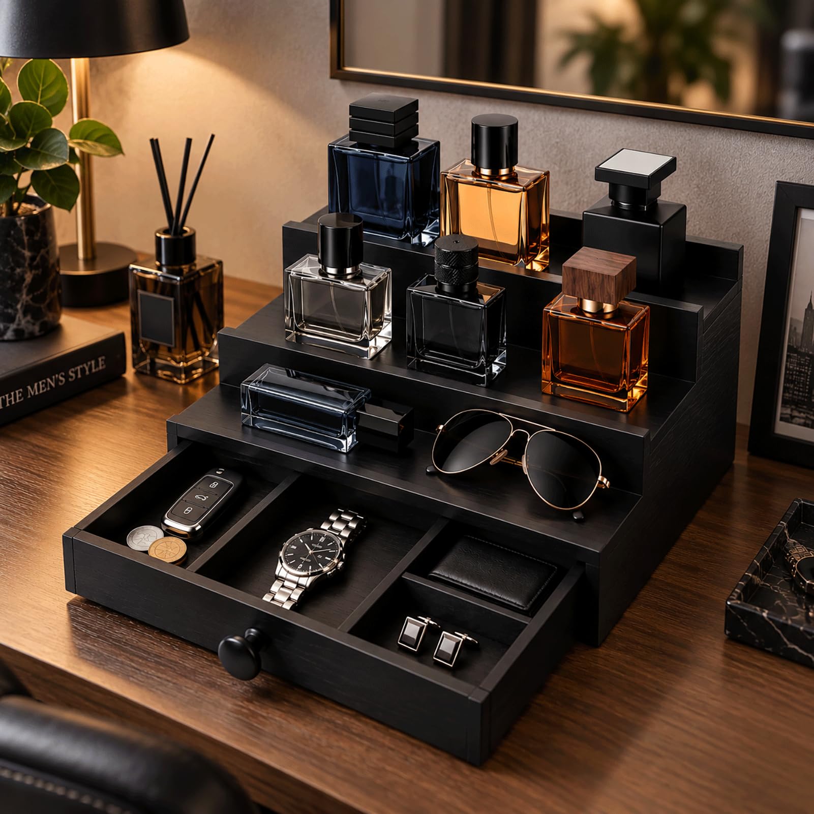 Fengligoo top tier with cologne bottles arranged for visibility and daily convenience