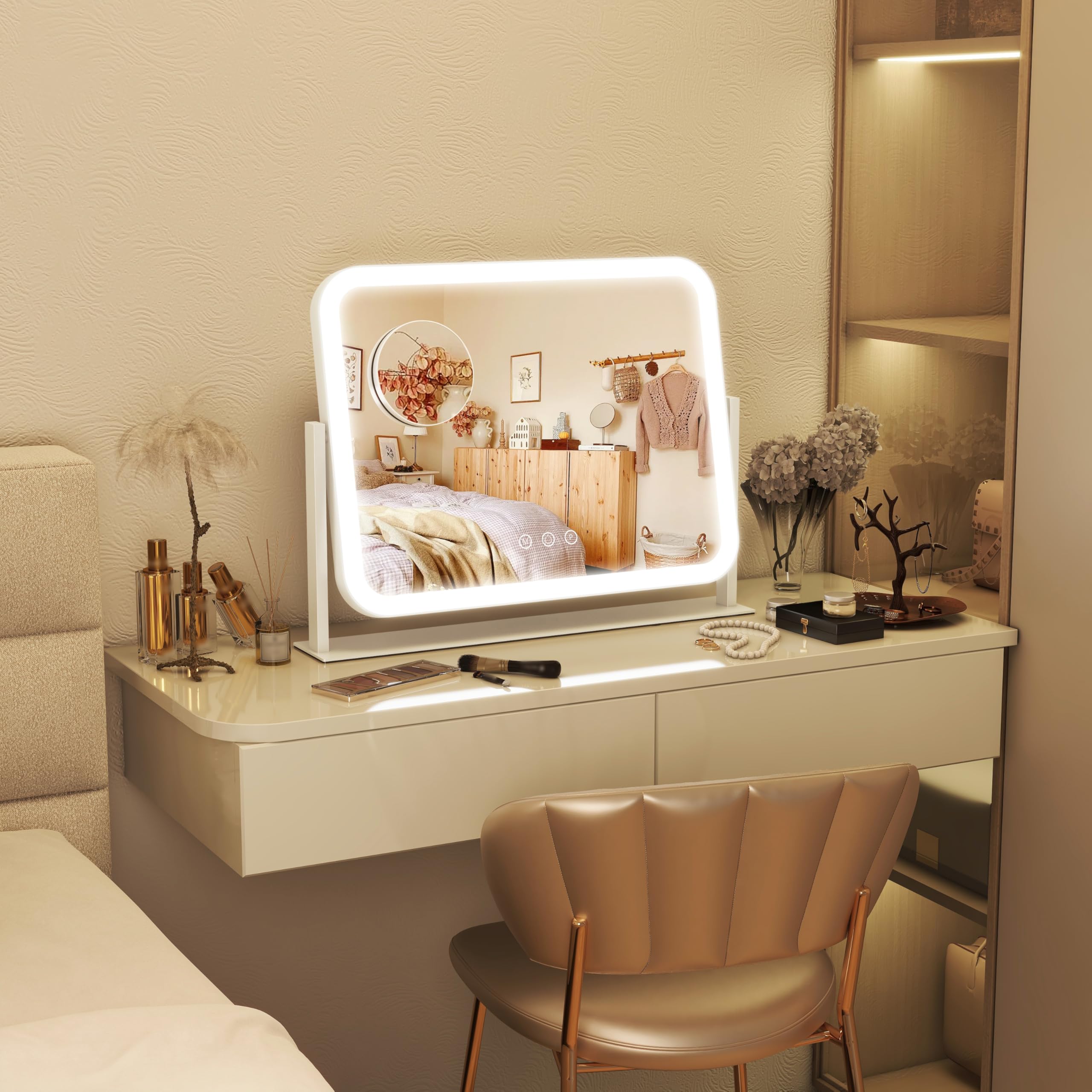 FENNIO mirror on a vanity in a bedroom scene showing stylish setup and grooming convenience