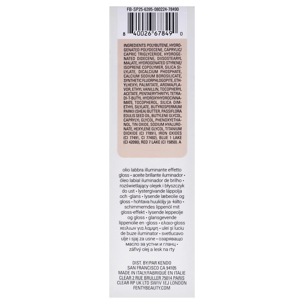 FENTY BEAUTY ingredients label close-up showing nourishing oils for smoothing benefit