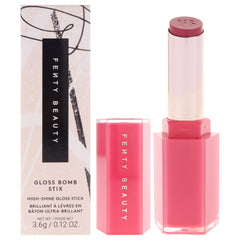 FENTY BEAUTY front packaging of Gloss Bomb Stix showing shade High Biscus and benefit of glossy color