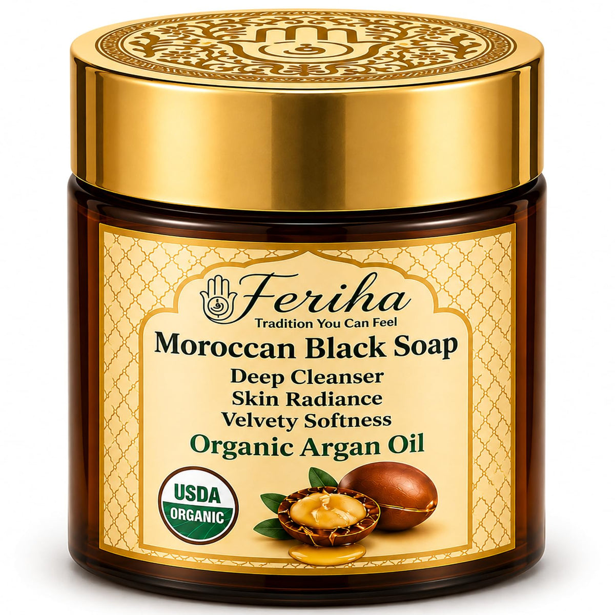FERIHA front jar view showing authentic Moroccan beldi paste and benefits