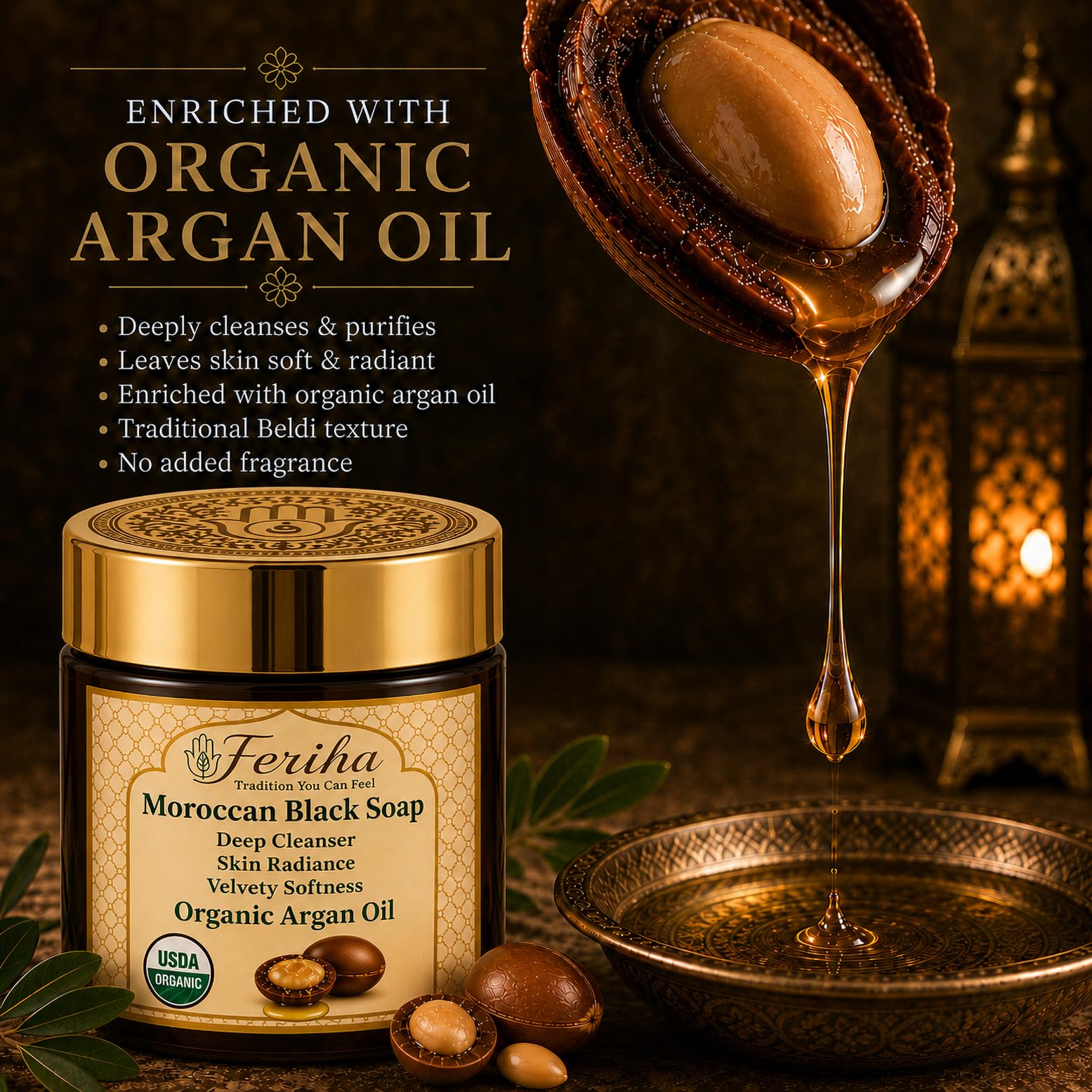 FERIHA ingredients label close-up showing organic argan oil and authenticity