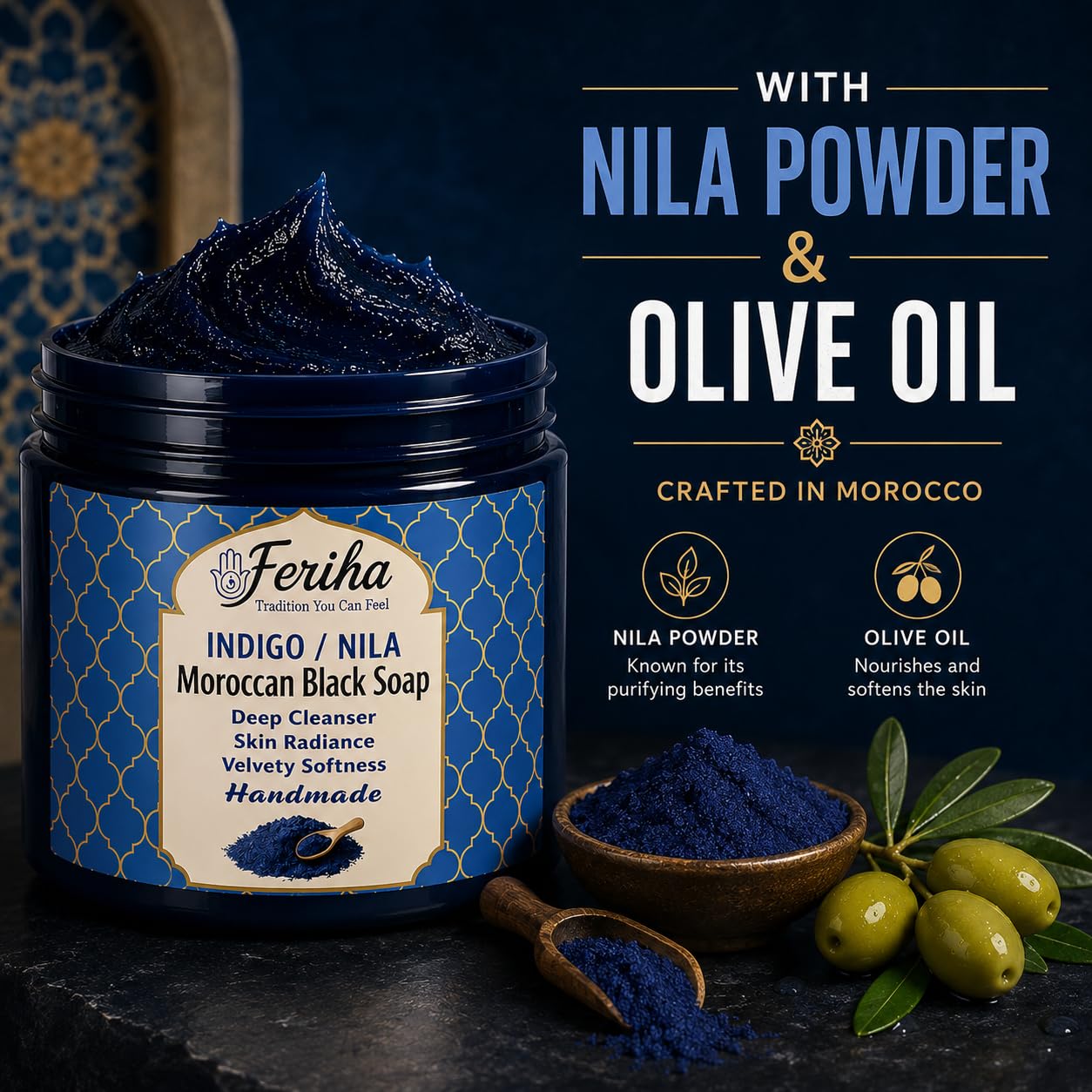 FERIHA paste on skin with kessa glove use demonstrating how it primes for smoother skin