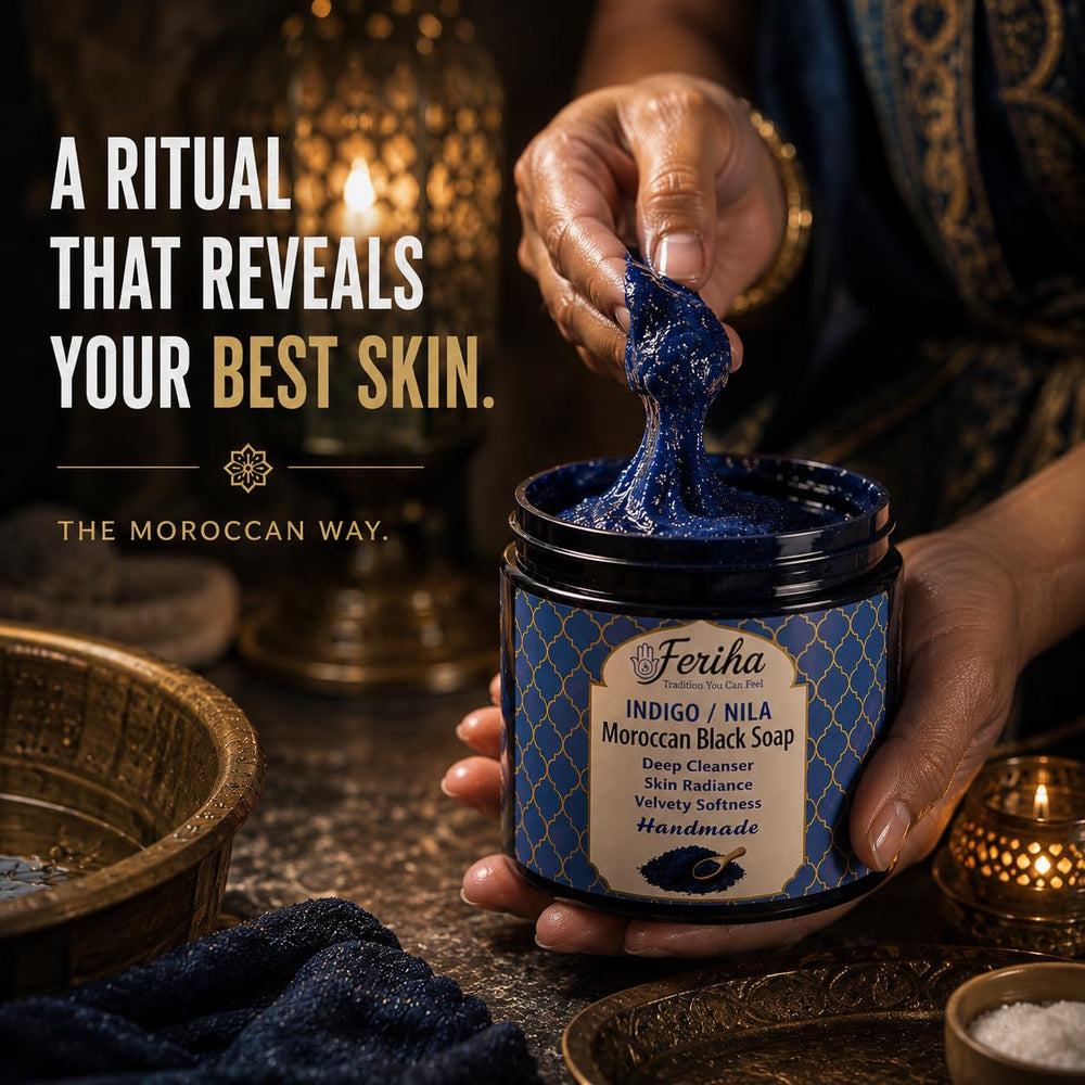FERIHA product label with nila indigo and olive paste details that support traditional authenticity