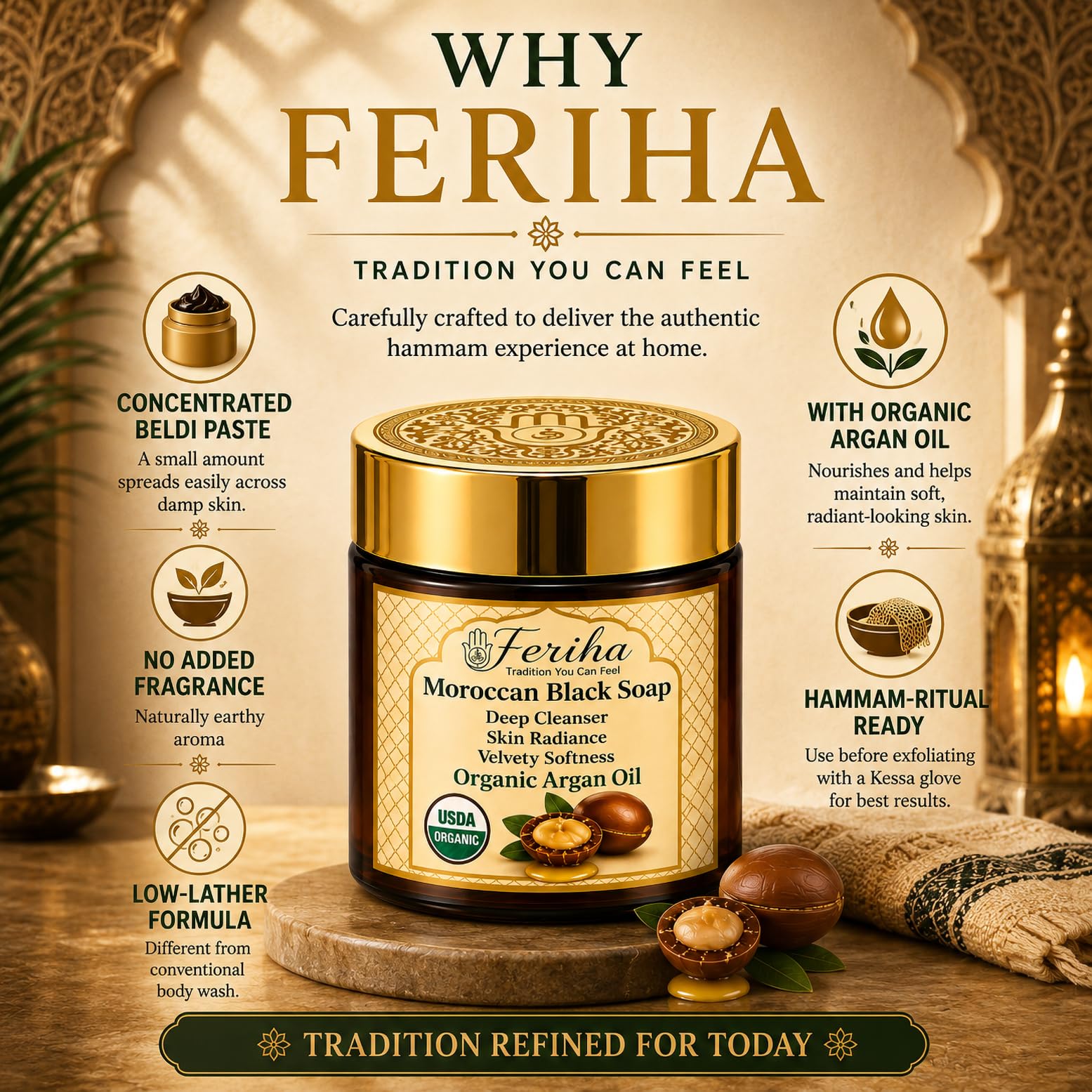 FERIHA jar next to a ruler for 7 oz size comparison and long-lasting supply