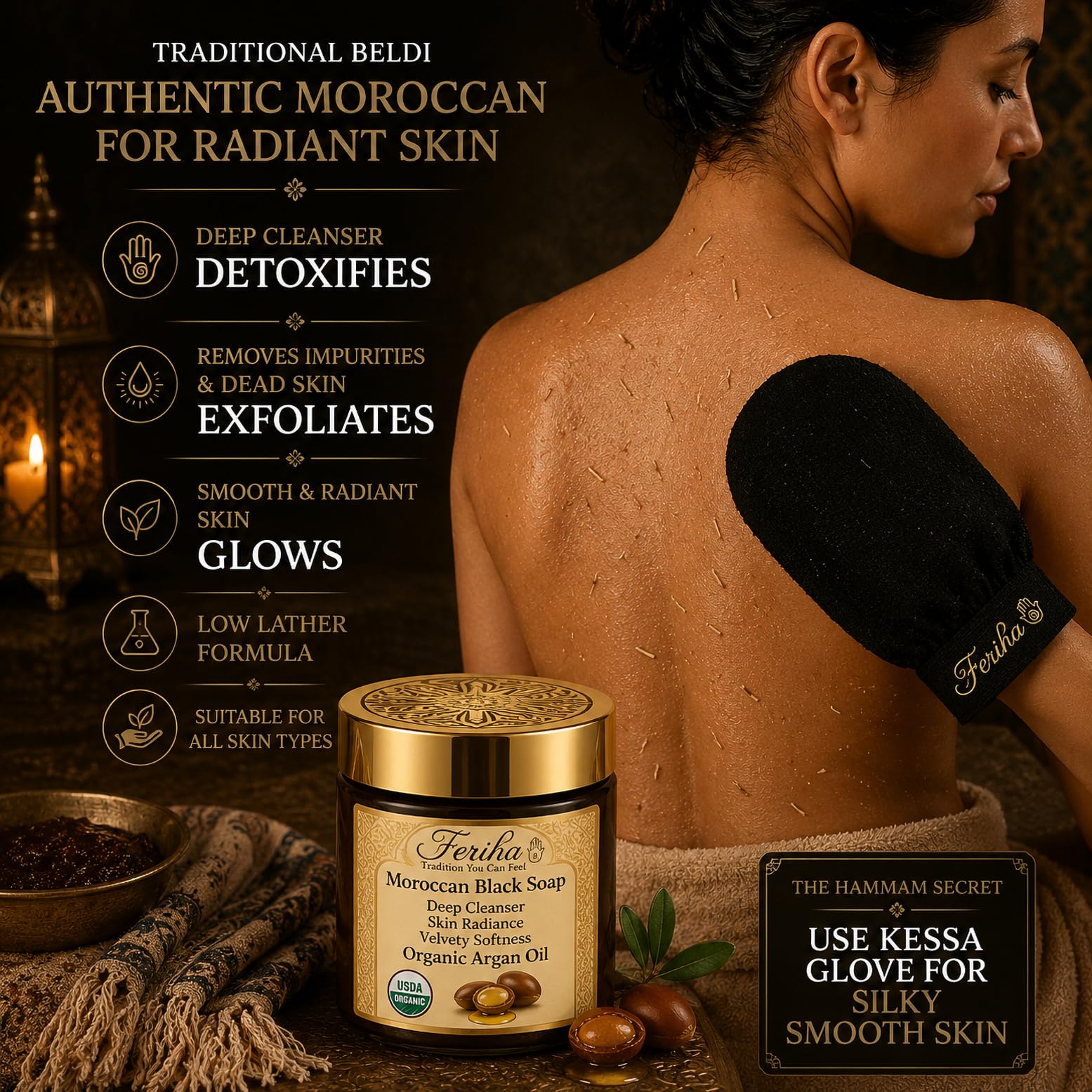 FERIHA used with Kessa glove illustrating effective exfoliation preparation