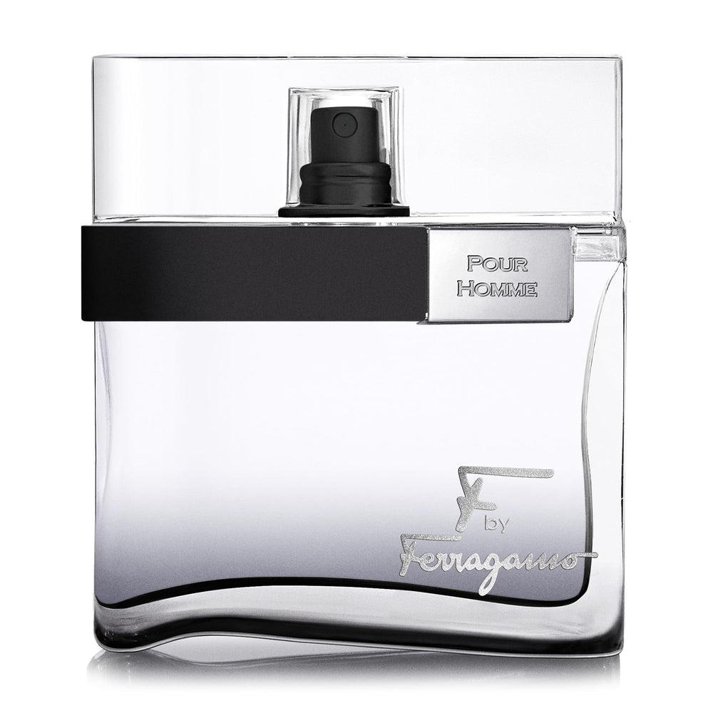 Ferragamo bottle front view showing sleek black flacon and elegant branding for confident style