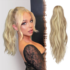 FESHFEN front view of dirty blonde ponytail showing natural waves and instant length