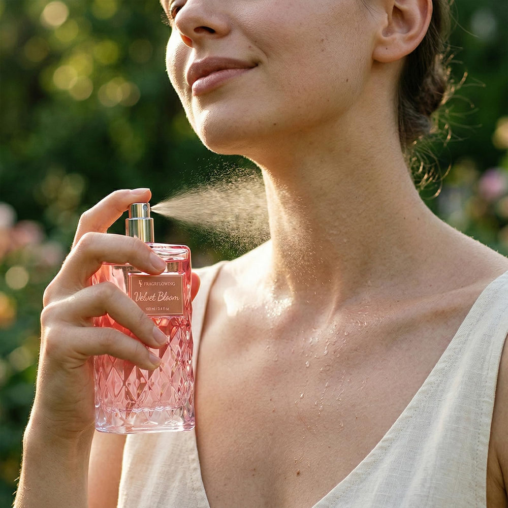 FF FRAGRFLOWING being misted into hair illustrating safe, gentle use on hair and skin