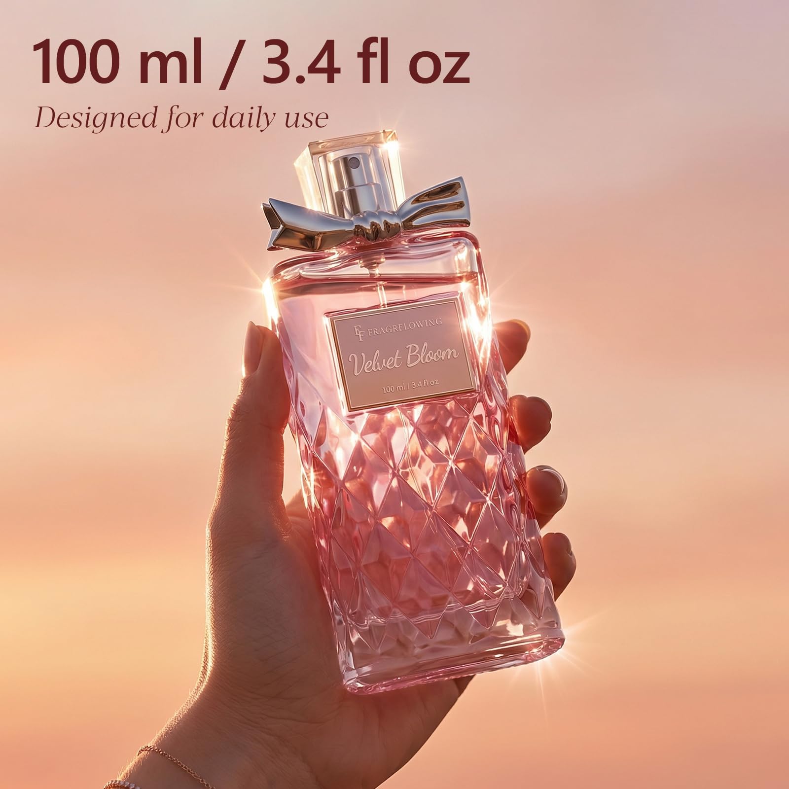 FF FRAGRFLOWING bottle beside a glass emphasizing size and everyday usability benefit