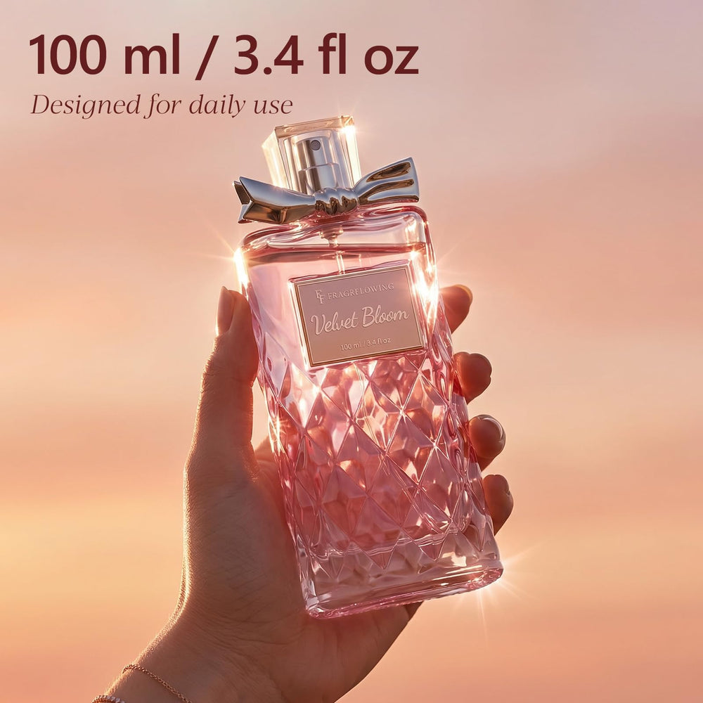 FF FRAGRFLOWING bottle beside a glass emphasizing size and everyday usability benefit