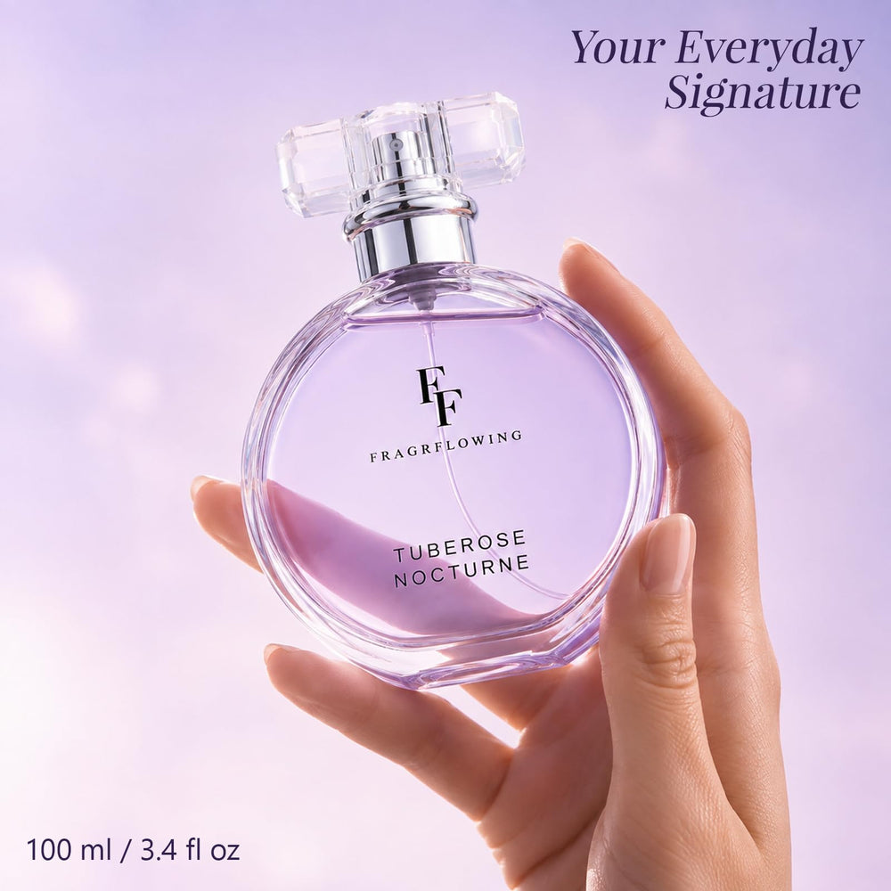 FF FRAGRFLOWING bottle in hand showing 3.4 fl oz size for everyday use