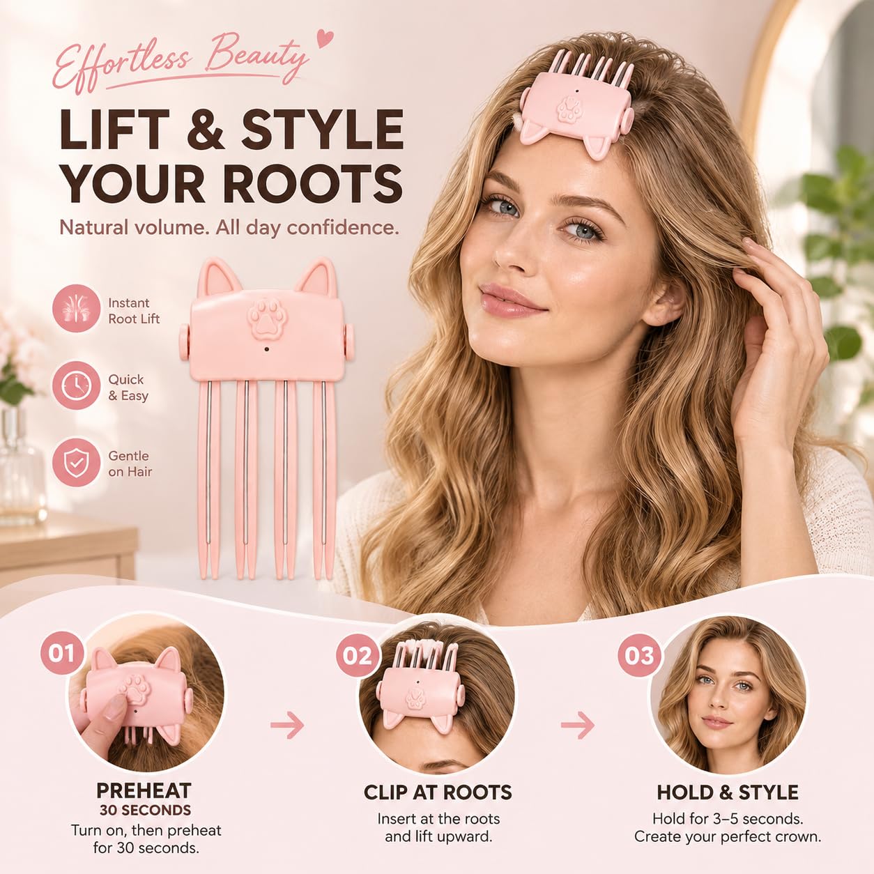 FILWY comb in use lifting roots at the crown for instant visible volume