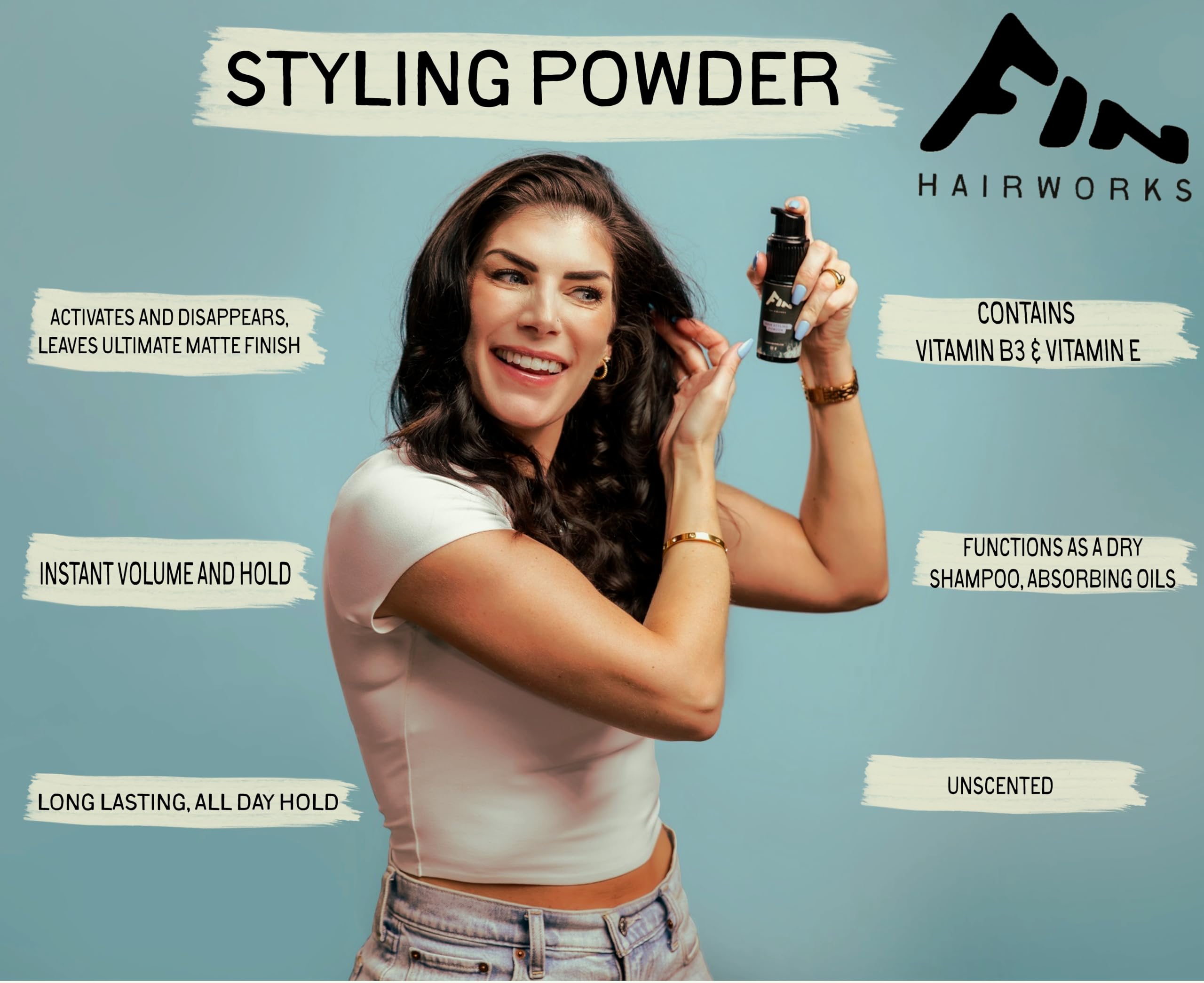 Fin Hairworks ingredient label close-up highlighting plant-based scalp-safe benefit