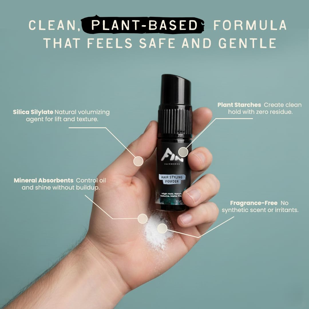 Fin Hairworks bottle held in hand showing travel-friendly 0.7 oz benefit