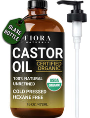 Fiora Naturals glass bottle front showing organic castor oil benefits