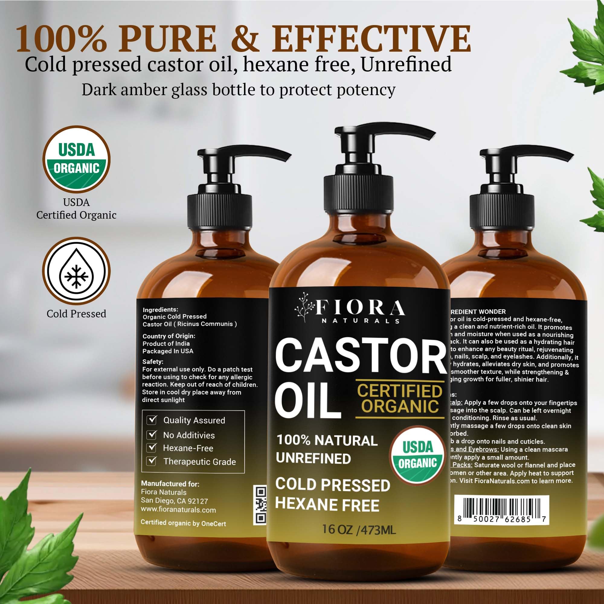 Fiora Naturals bottle beside measuring cup showing 16 fl oz scale