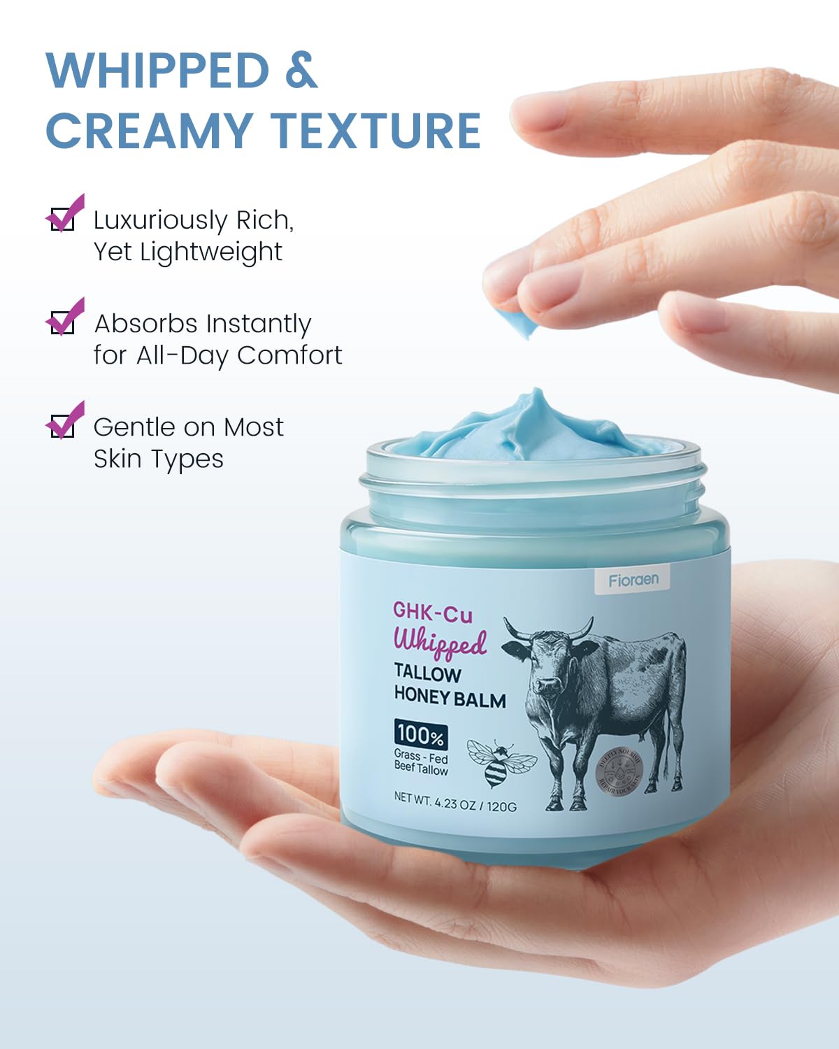 Fioraen application on fingers demonstrating smooth, non-greasy finish