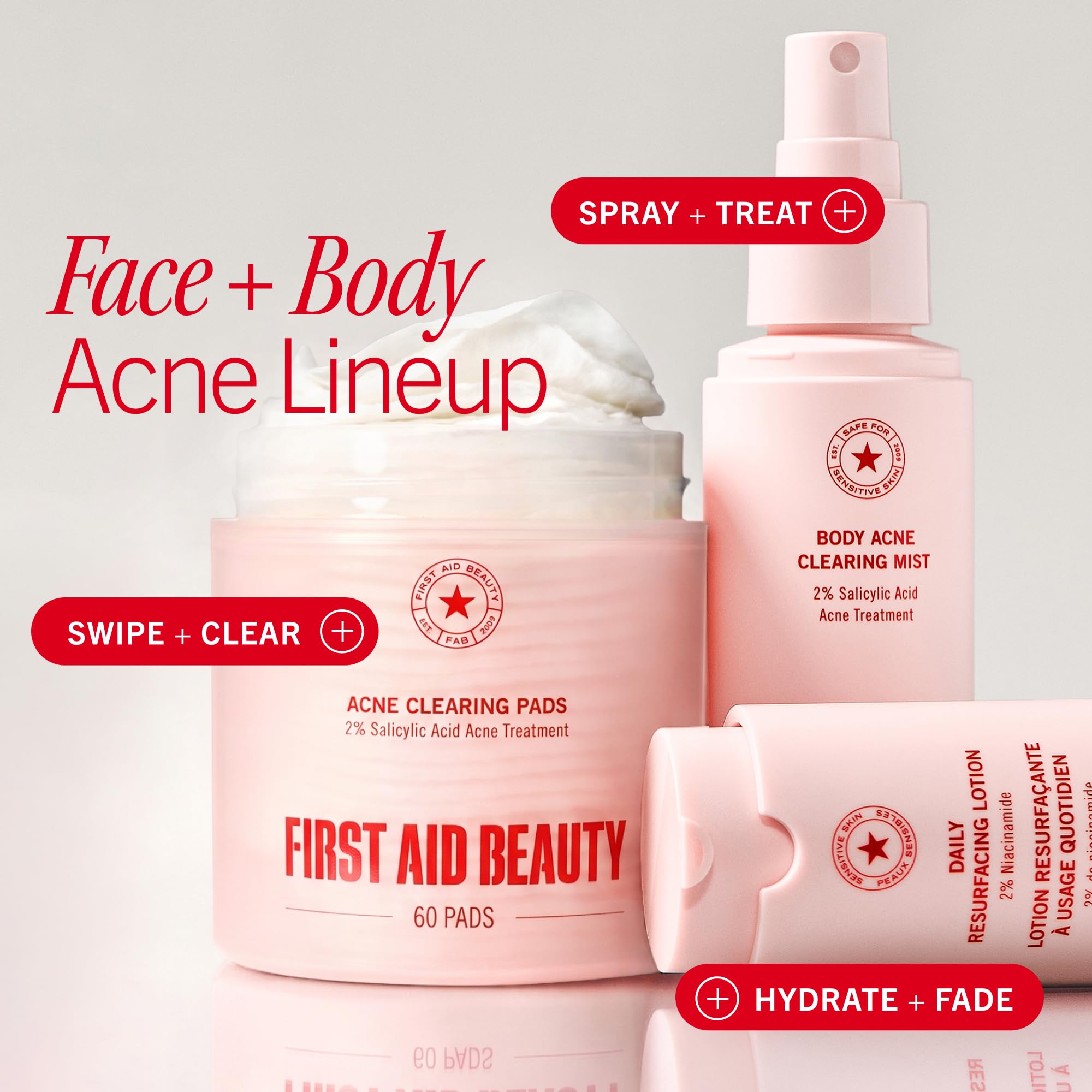 Lifestyle bathroom scene showing First Aid Beauty pads in daily skincare flow