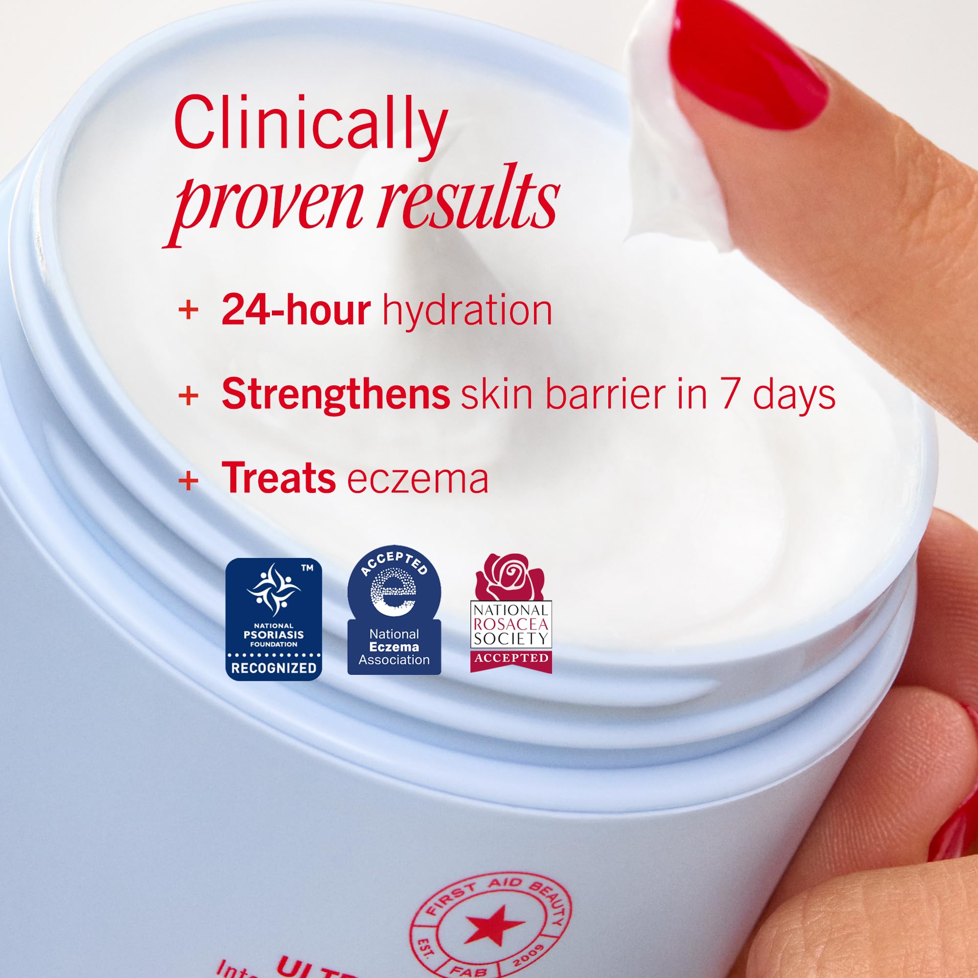 First Aid Beauty cream on fingertip to demonstrate smooth spreadability