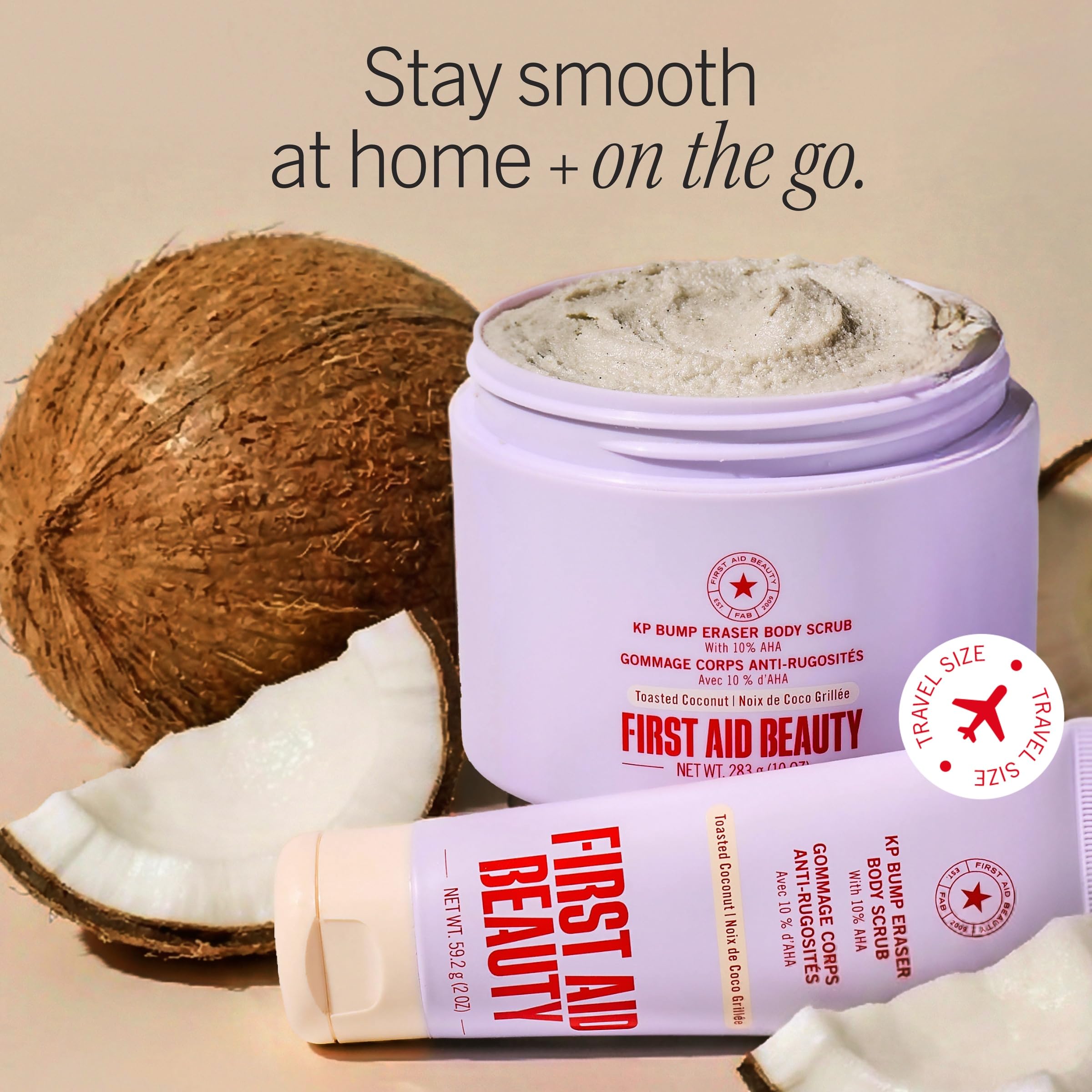 First Aid Beauty jar staged in bathroom, suggesting daily body-care routine
