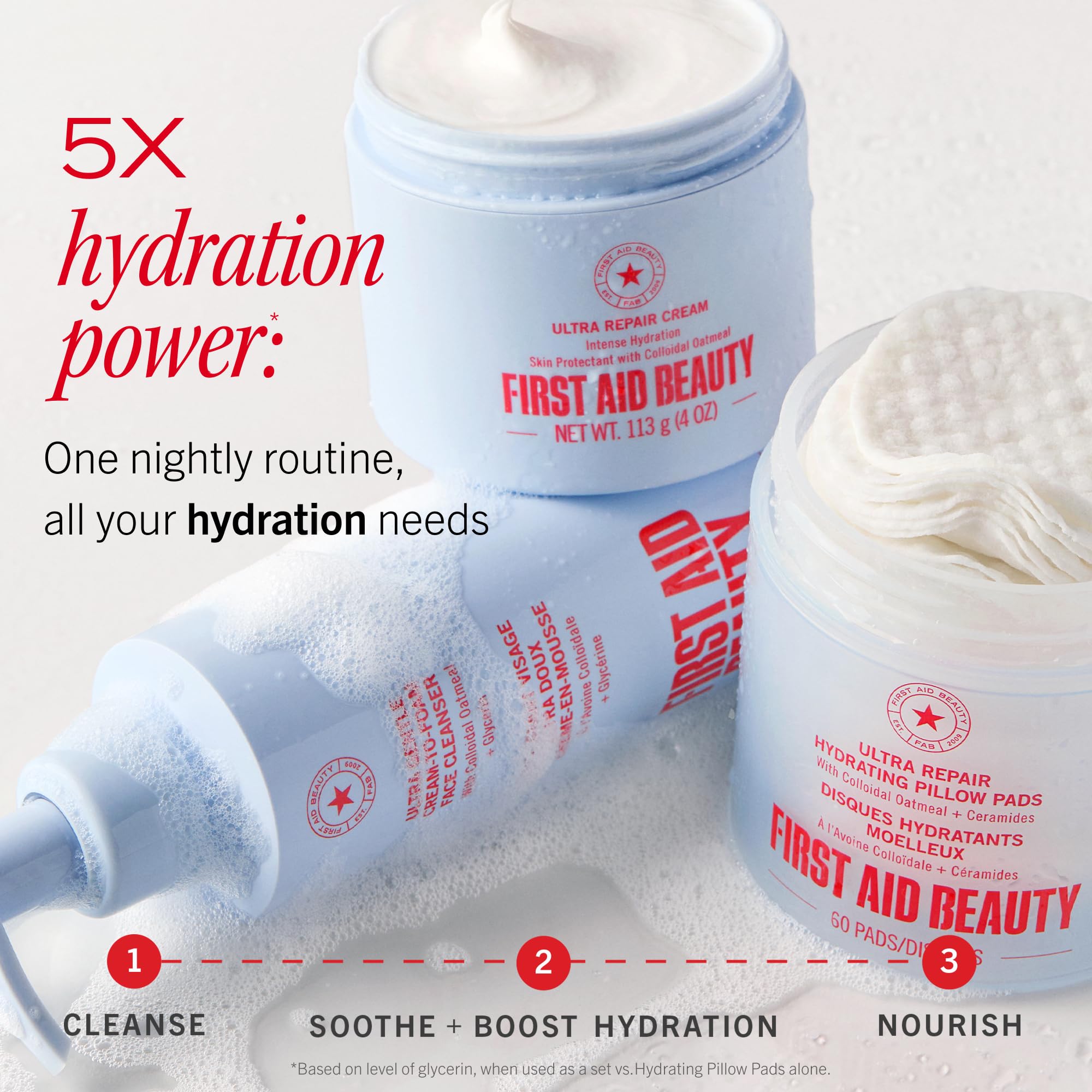 First Aid Beauty ingredients scene with colloidal oatmeal and aloe highlighting soothing benefits