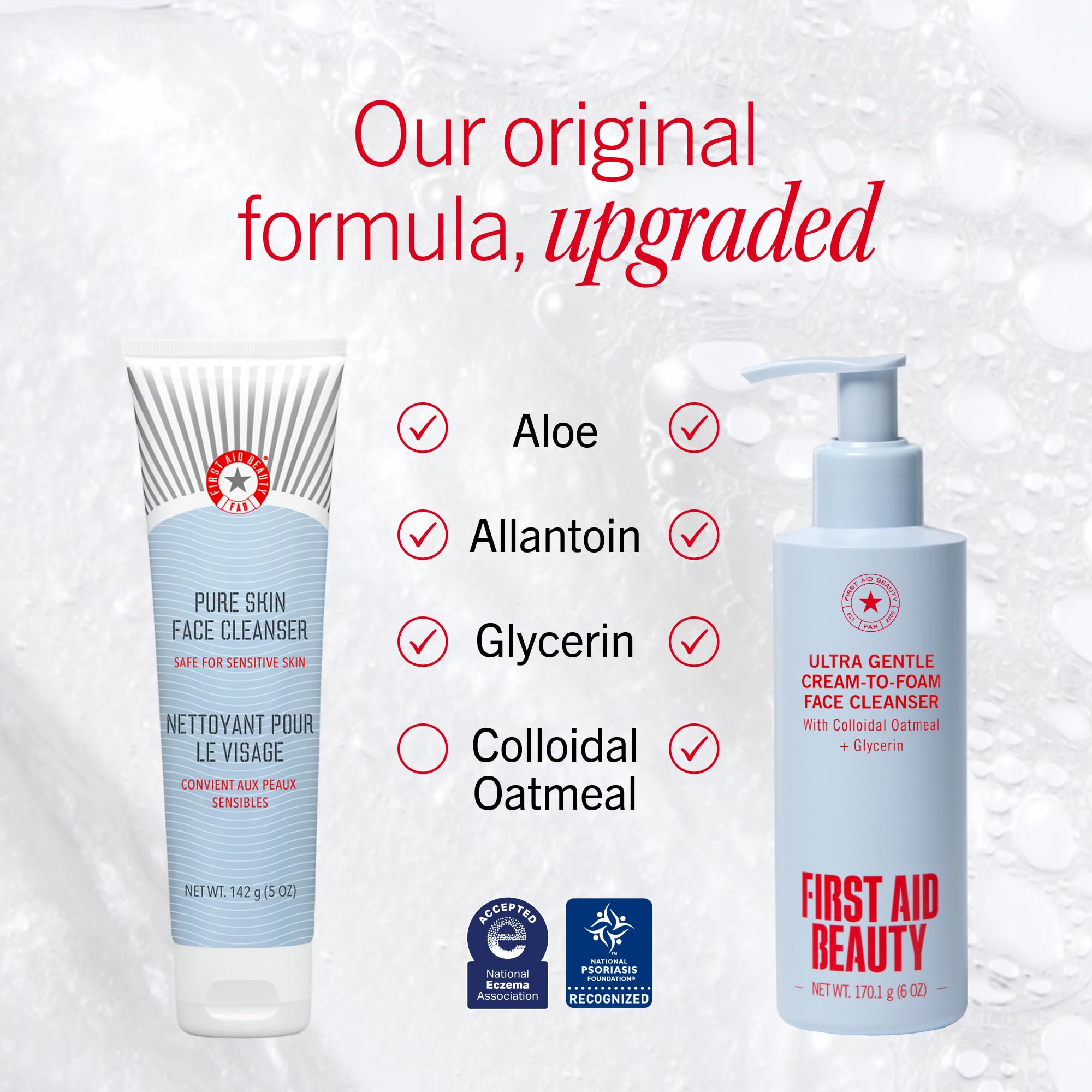 First Aid Beauty cream-to-foam texture close-up demonstrating gentle hydrating feel