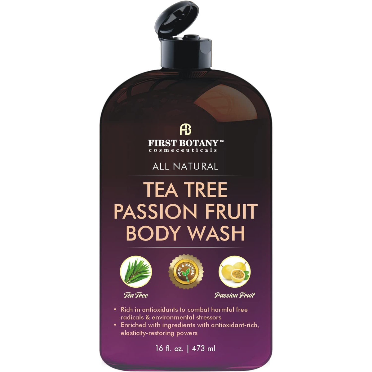 First Botany front label of tea tree passion fruit body wash showing clear benefits