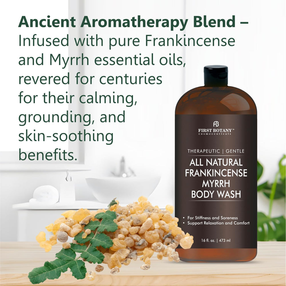 Flatlay of botanical ingredients used in First Botany body wash highlighting natural origin