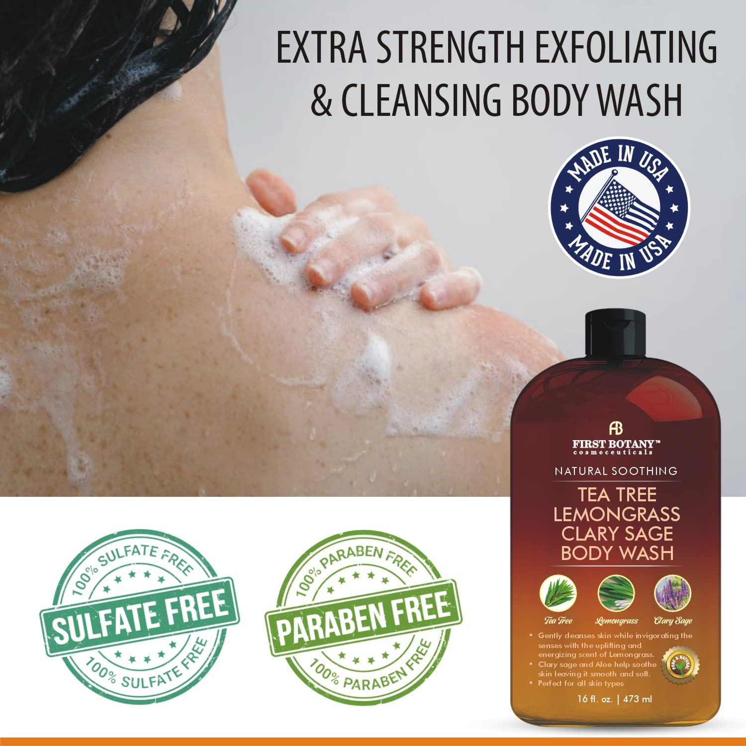 First Botany label close-up listing key botanicals and gentle formulation benefits