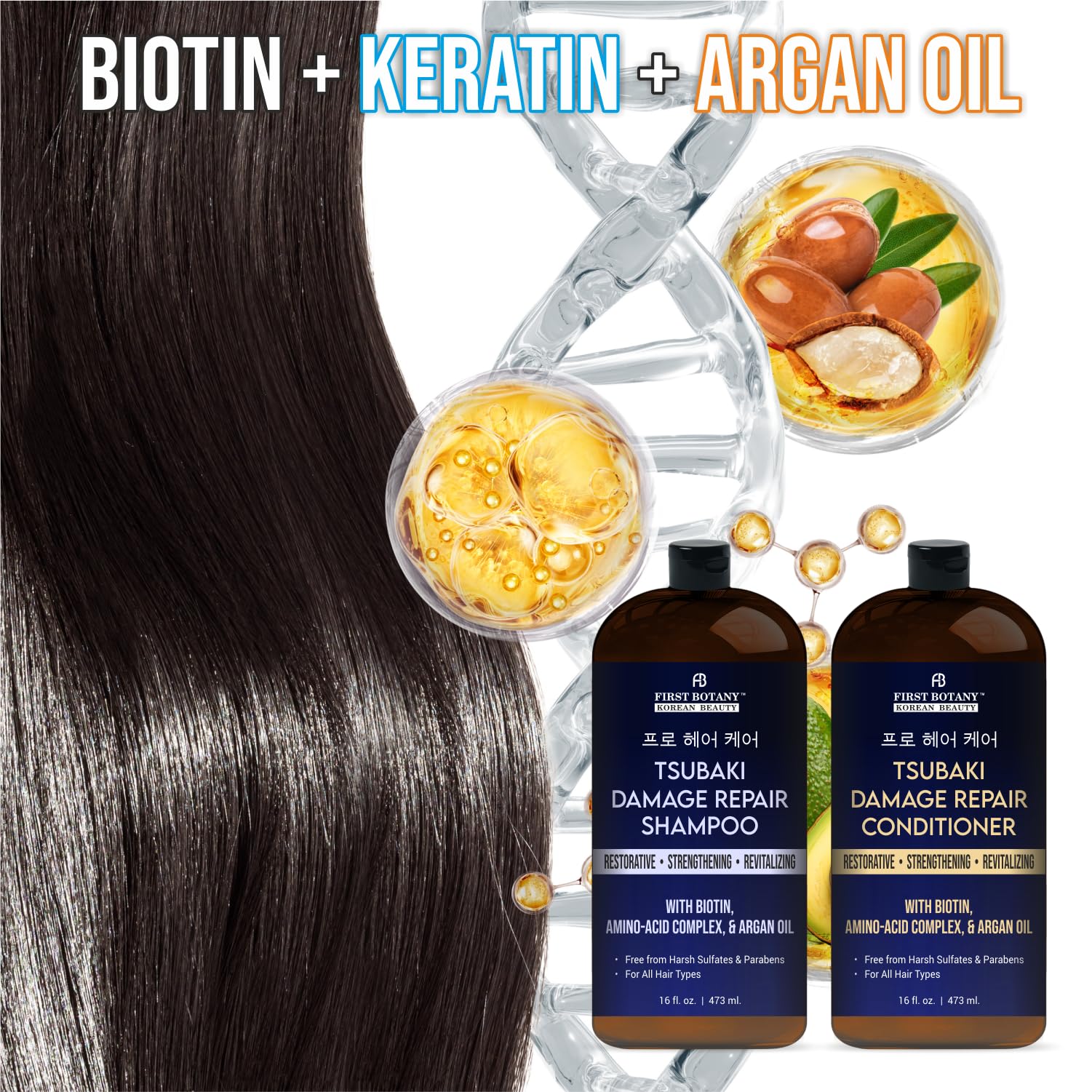 First Botany shampoo bottle close-up highlighting strengthening label